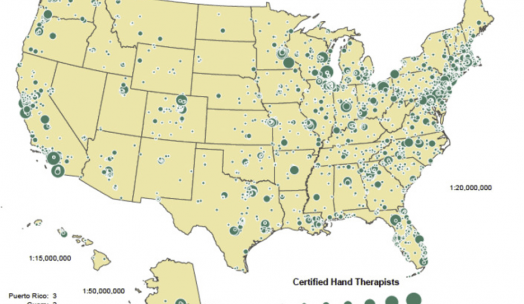 Map of the US with depiction of CHT distribution from the JHT article on workforce geographical analysis CHT 